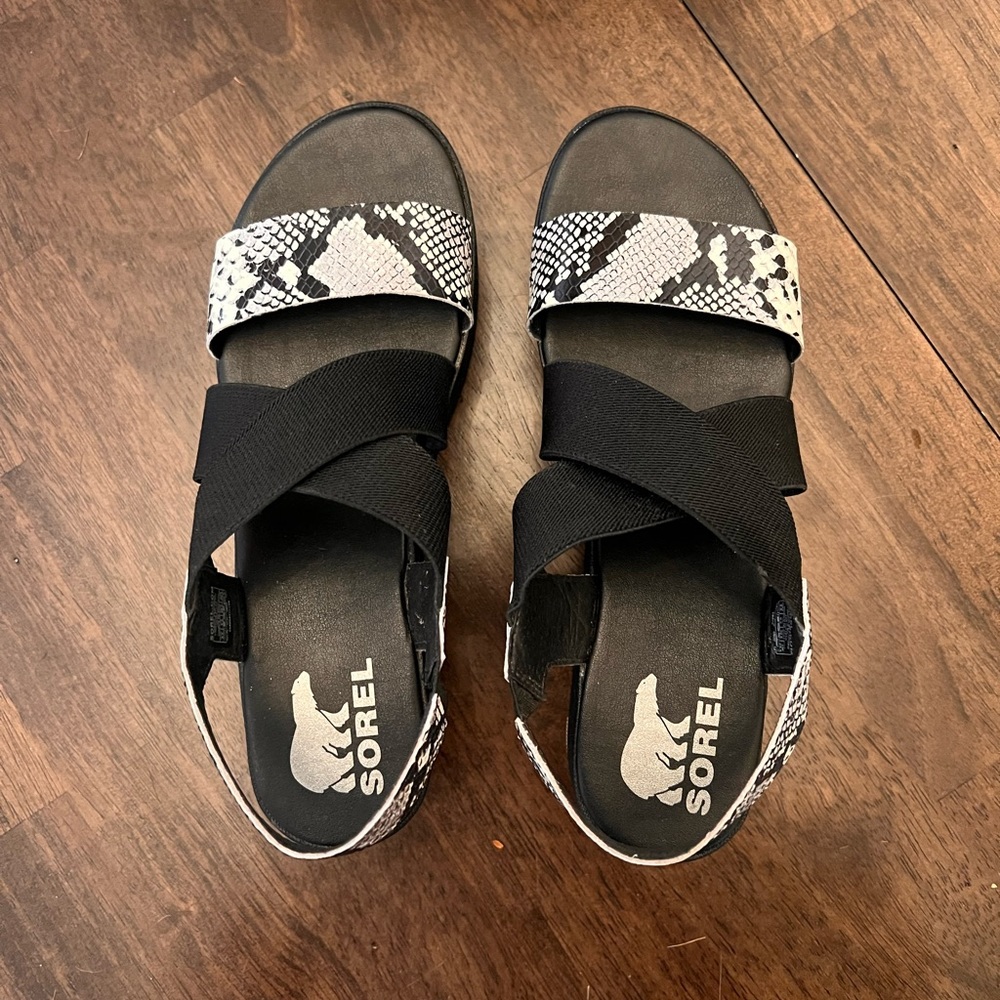 Sorel Black Snakeskin Wedge Sandals - Picture 2 of 7